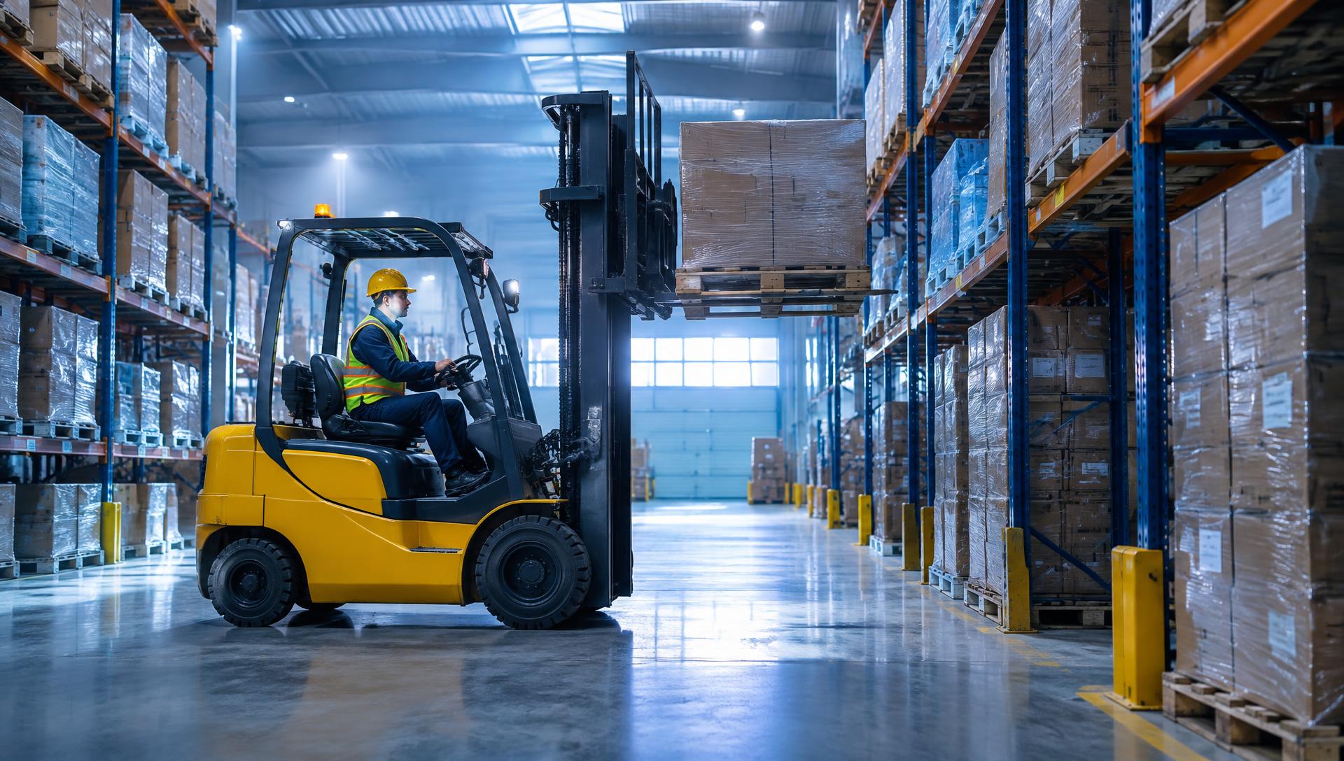Forklift operator lifting a pallet in a warehouse aisle